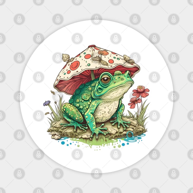 Cottagecore Aesthetic Frog under Mushroom Vintage Magnet by Ai Wanderer